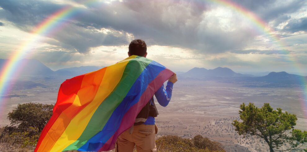 Back view of a man standing on top of the hill and holding the LGBT pride flag