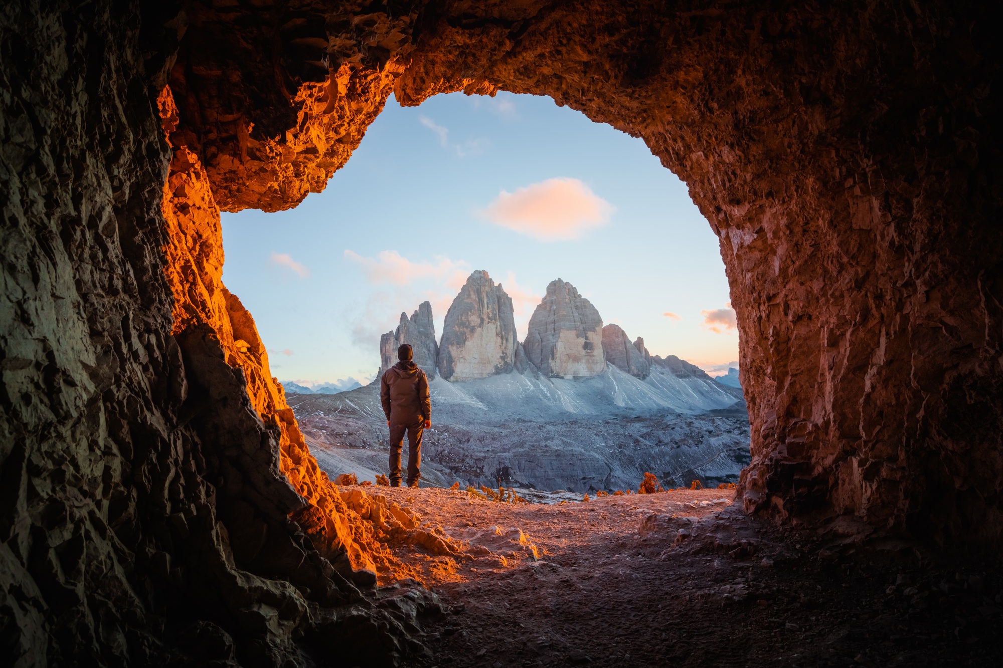 Tre Cime Di Lavaredo peaks in incredible orange sunset light