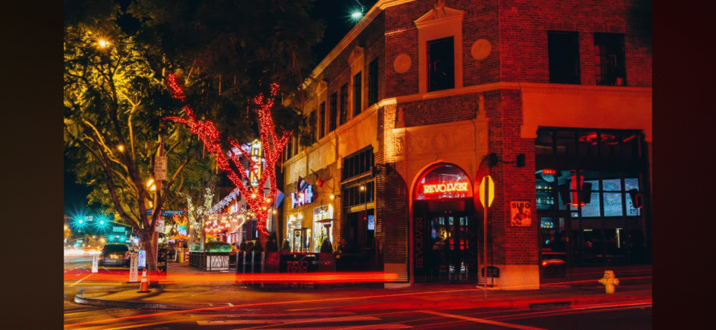 a building with lights on it