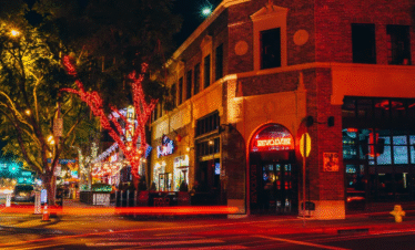 a building with lights on it