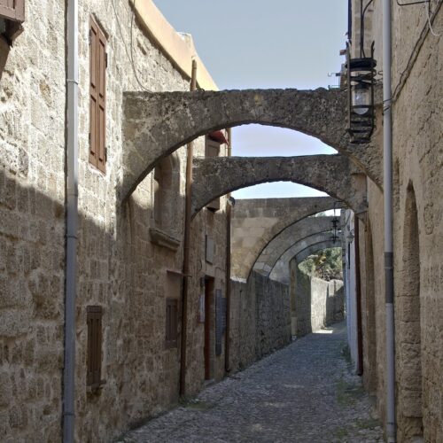 Narrow stone street in the Medieval City of Rhodes