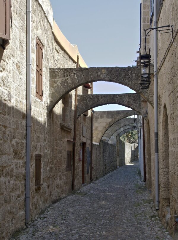 Narrow stone street in the Medieval City of Rhodes
