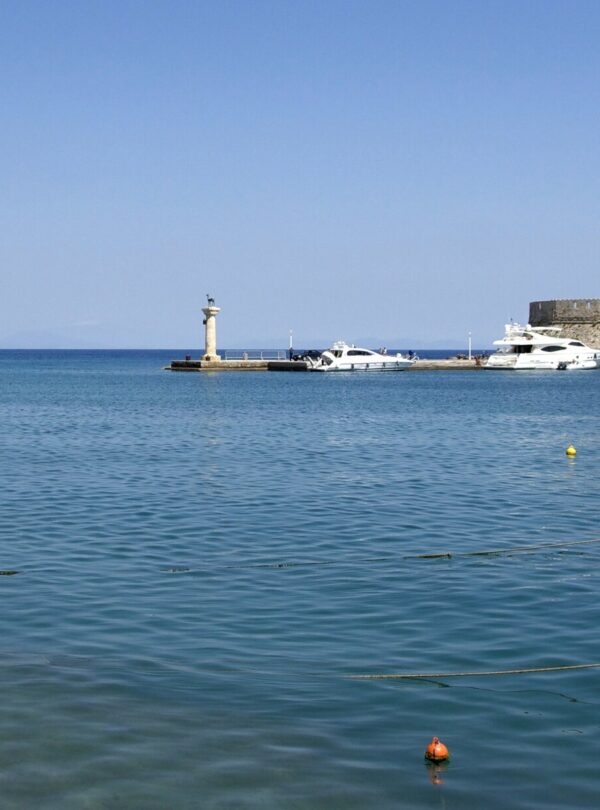 Mandraki Harbour and waterfront in Rhodes, Greece