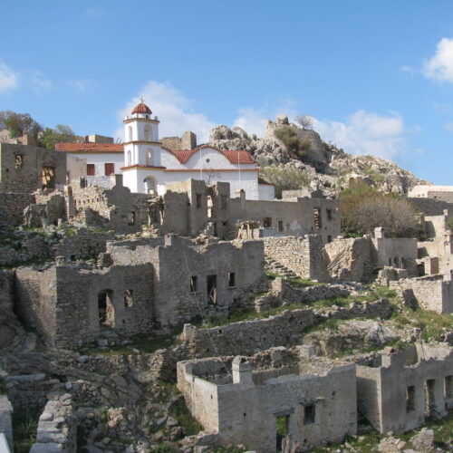 Stone ruins of Mikro Chorio on Tilos island, Greece