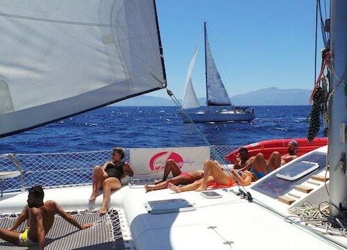 Sailing yacht underway between the Dodecanese islands in Greece